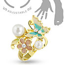 R-A026, Finger-/Zehenring, goldfarben, mit Schmetterling, Blume und Perlen